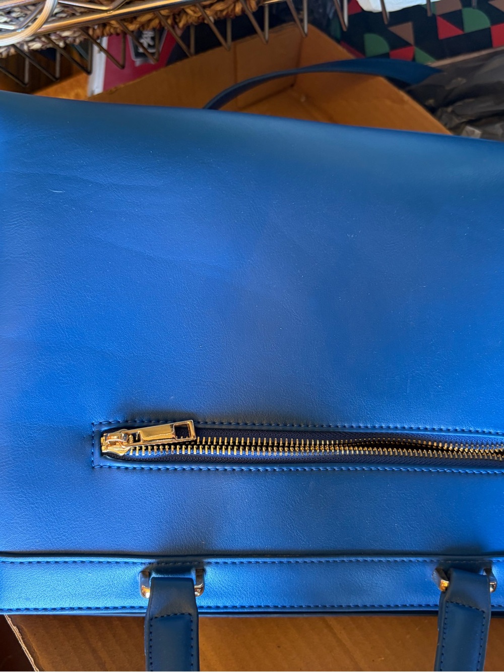 Bright Blue Leather Briefcase with Gold Zip Accent